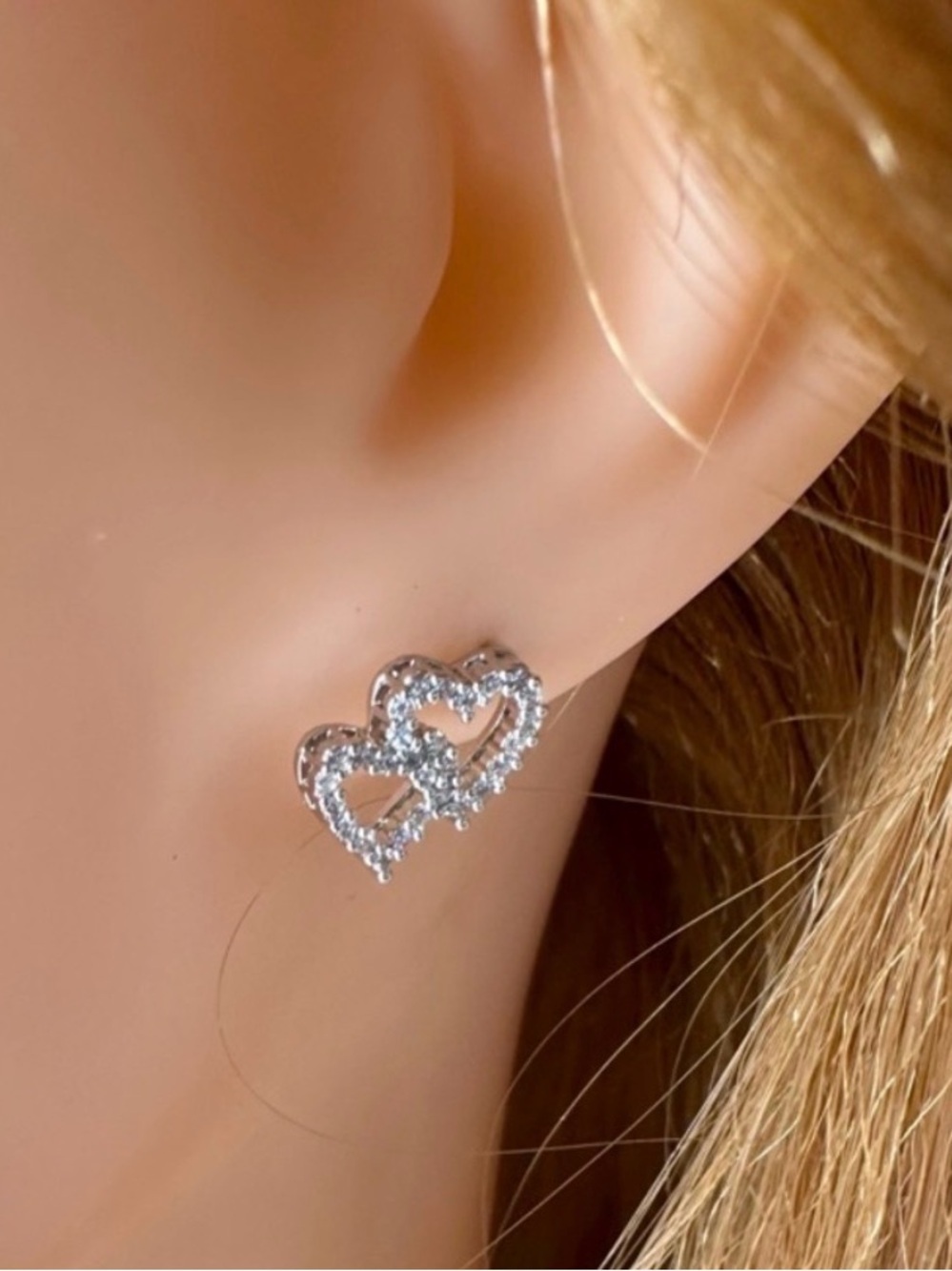 Sparkling Double Heart CZ Stud Earrings Silver Tone | Dainty Best Gift Idea